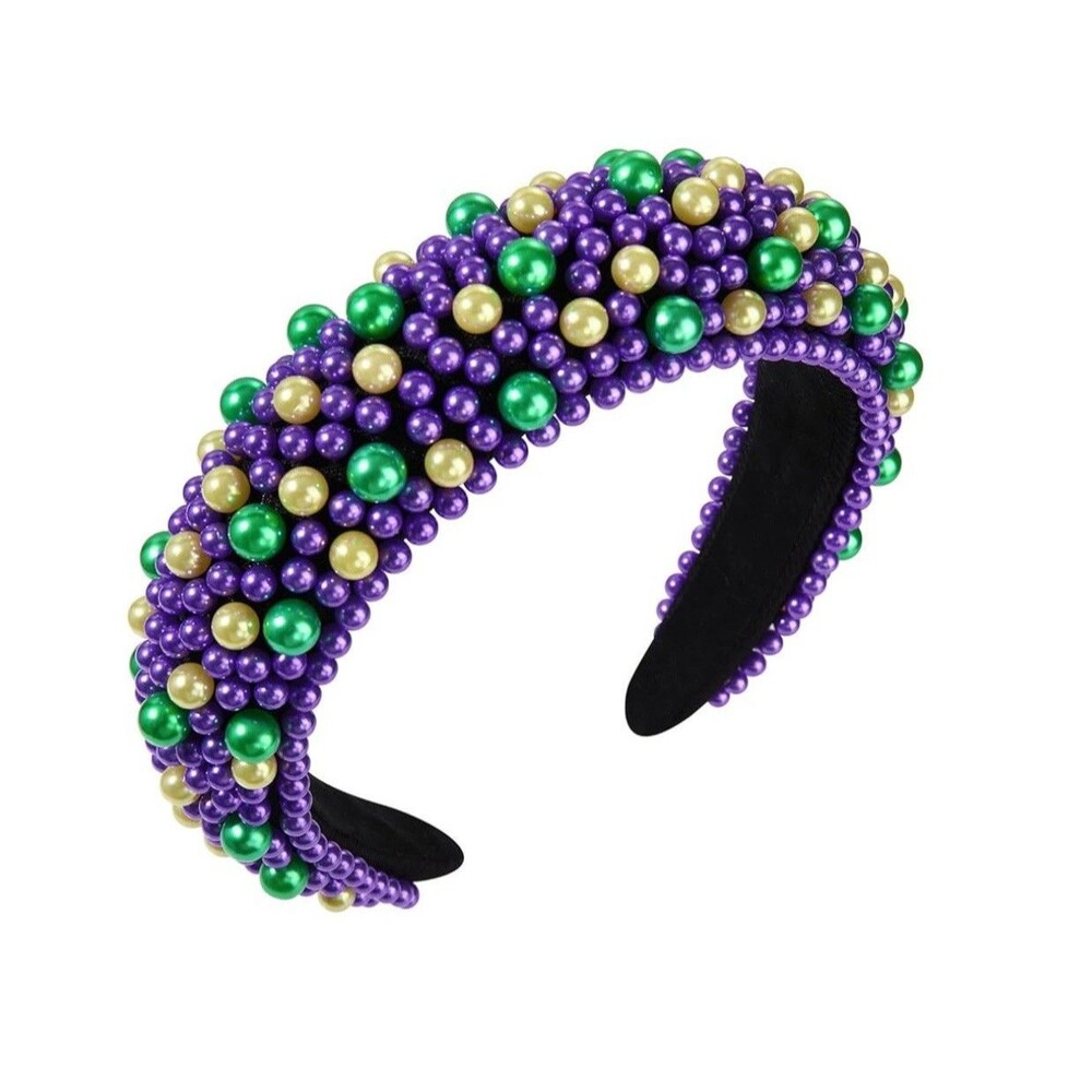 Hapdoo Mardi Gras Pearl Headbands for Women, Wide Padded Hair Hoop with Faux